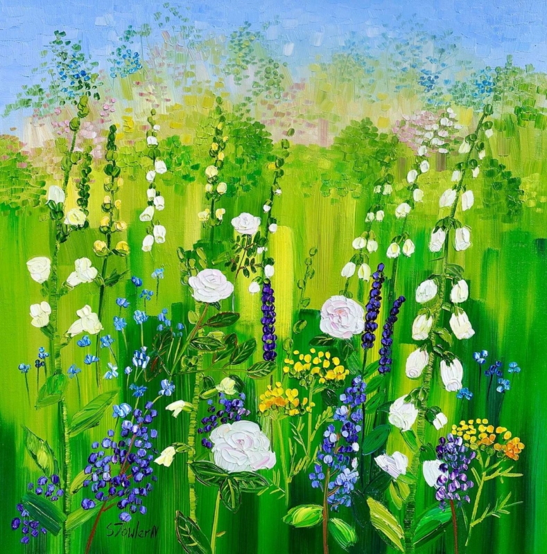 Image of Summer Border with Roses and Foxgloves by Sheila Fowler